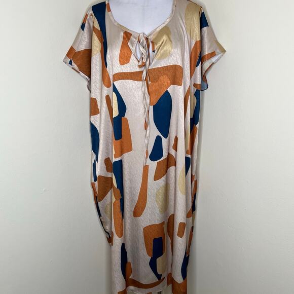 Diarrablu Fany Dress 2XL Plus Size Midi Geometric Print Peasant Tie Artsy Shift - Picture 3 of 12